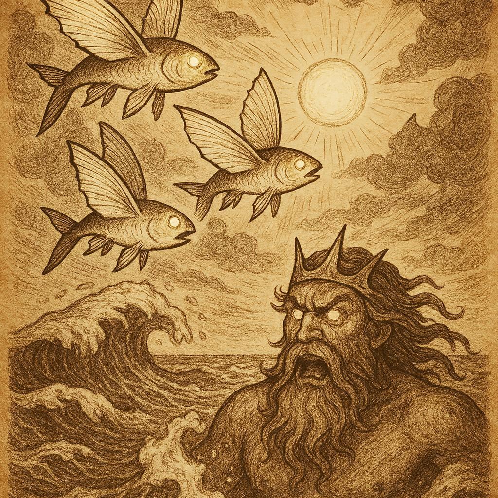 Three Flying Fish Brothers Seychellois folktale with fish leaping into the sky and the sea god rising in anger
