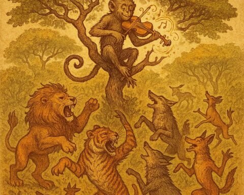 Monkey playing a magical fiddle in a Kenyan forest while Lion, Tiger, Wolf, Jackal, and other animals dance wildly around him