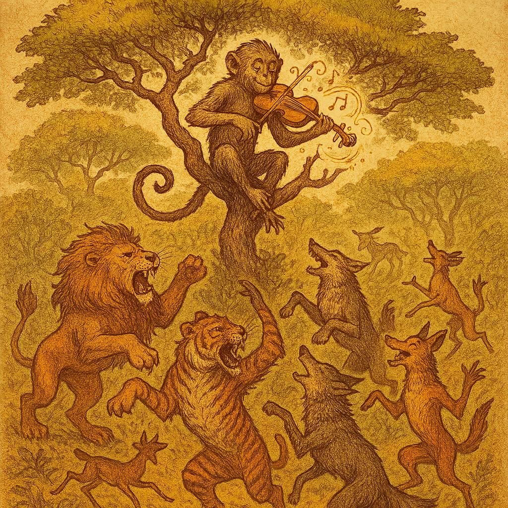 Monkey’s Fiddle Magical Forest Dance – Kenyan Folktale | FolktalesAfrica.com Monkey playing a magical fiddle in a Kenyan forest while Lion, Tiger, Wolf, Jackal, and other animals dance wildly around him