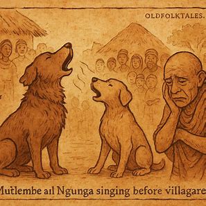 Two dogs sing before villagers, exposing betrayal, in an Angolan Kimbundu folktale.