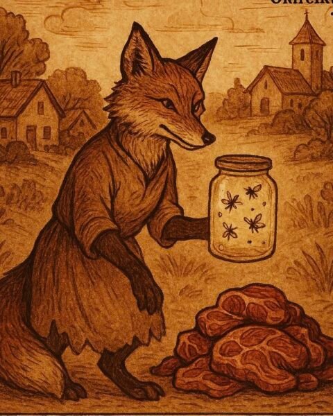 Deya Ali, the clever fox, standing near a village with a jar of flies and a pile of meat - Somali folktale