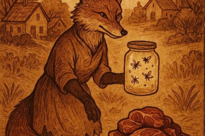 Deya Ali, the clever fox, standing near a village with a jar of flies and a pile of meat - Somali folktale