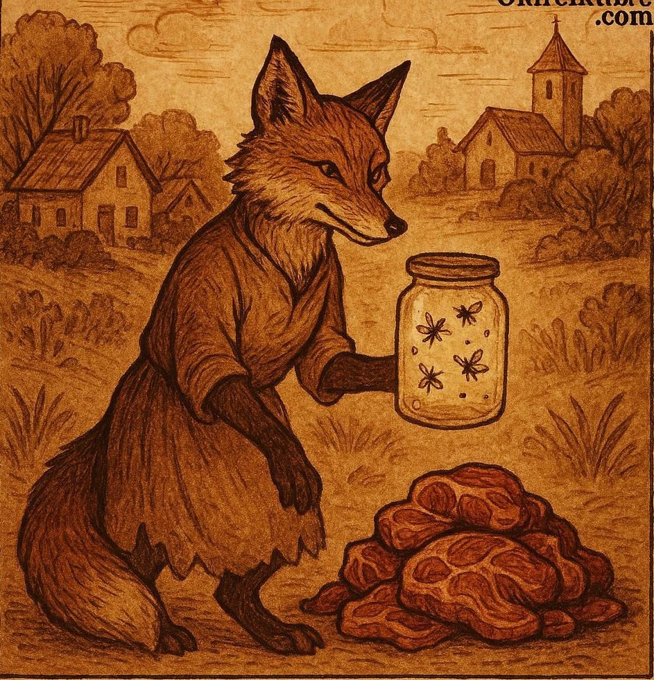 Deya Ali, the clever fox, standing near a village with a jar of flies and a pile of meat - Somali folktale