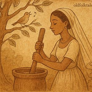 A young bride pounds grain as a bird sings names of her brothers-in-law, Kimbundu folktale.