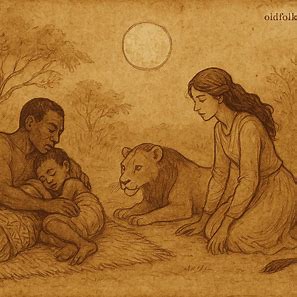 Kimona-Ngombe and son saved from lioness bride, Kimbundu folktale from Angola.