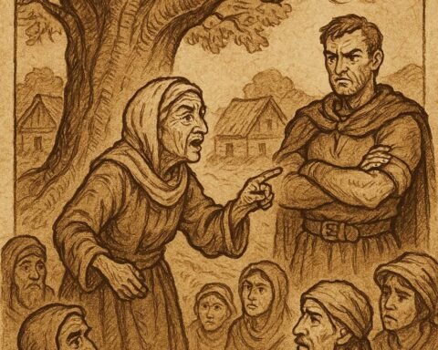 An old woman reveals the truth in a Fang village land dispute as a deceitful man looks uneasy - Fang folktale