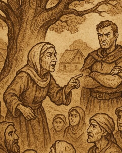 An old woman reveals the truth in a Fang village land dispute as a deceitful man looks uneasy - Fang folktale