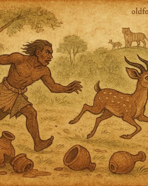 Parchment-style illustration of Ohia chasing the thieving deer with broken pots, Akan folktale from Ghana.