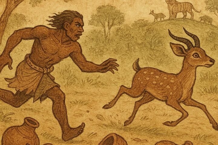 Parchment-style illustration of Ohia chasing the thieving deer with broken pots, Akan folktale from Ghana.