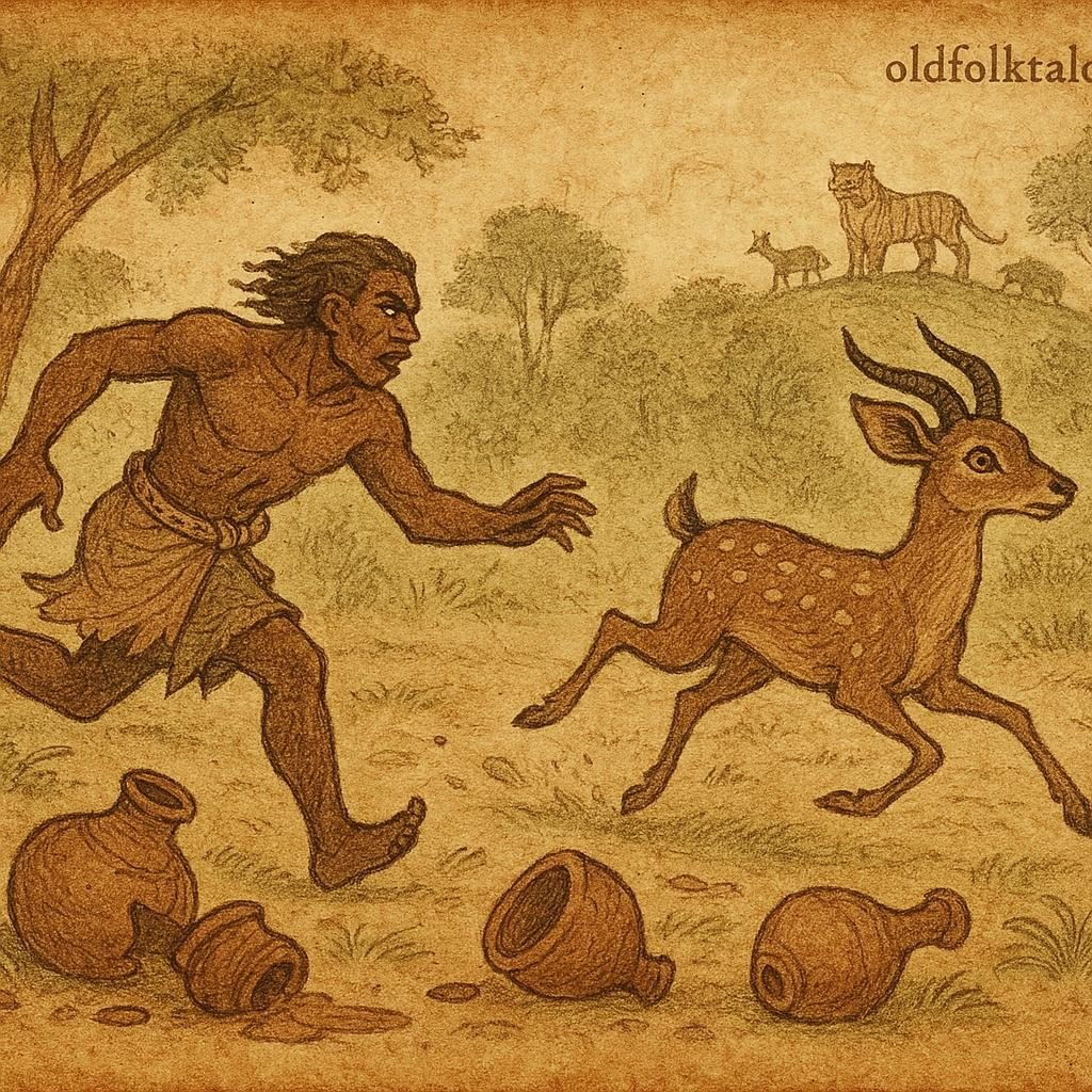 Parchment-style illustration of Ohia chasing the thieving deer with broken pots, Akan folktale from Ghana.