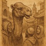 A wise old camel speaking in a busy Marrakech market, surrounded by people listening closely.