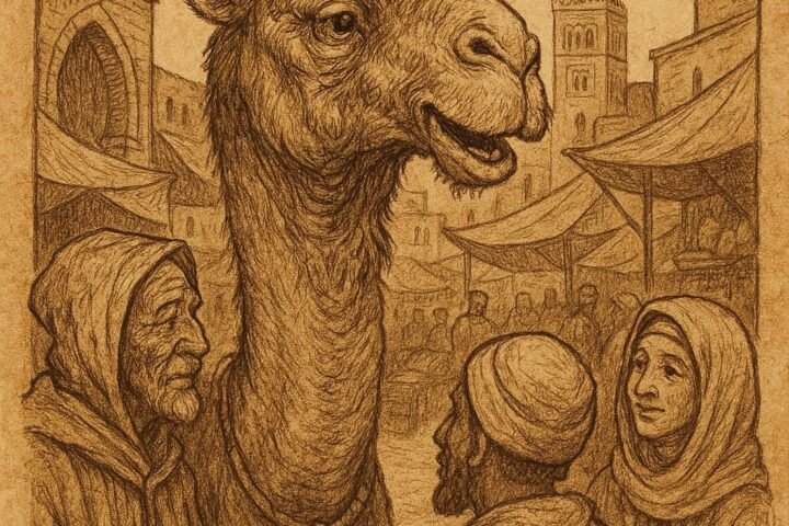 A wise old camel speaking in a busy Marrakech market, surrounded by people listening closely.