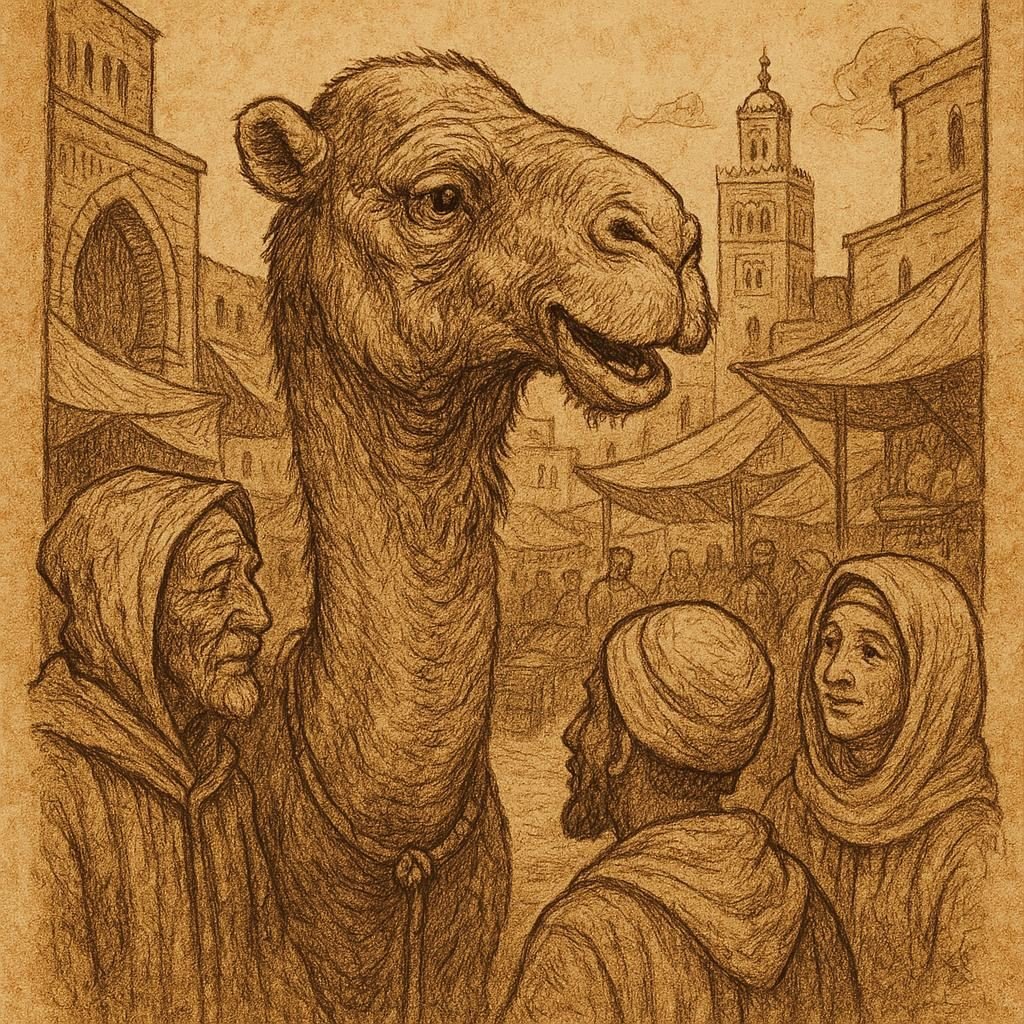 The Talking Camel of Marrakech - Moroccan folktale | FolktalesAfrica.com A wise old camel speaking in a busy Marrakech market, surrounded by people listening closely.