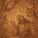 Wise tortoise recounting past events while forest animals watch in a dense Fang forest – Cameroon folktale