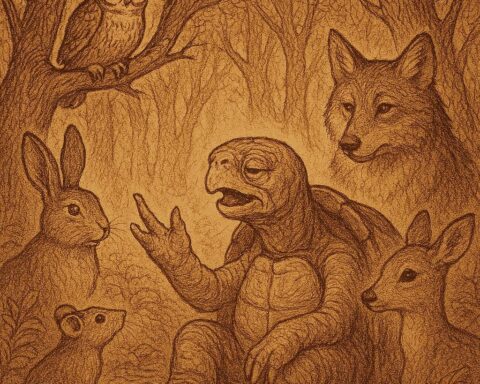 Wise tortoise recounting past events while forest animals watch in a dense Fang forest – Cameroon folktale