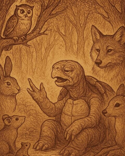 Wise tortoise recounting past events while forest animals watch in a dense Fang forest – Cameroon folktale