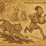 a leopard slipping on spilled palm oil while a thief escapes with a gourd, as forest animals laugh