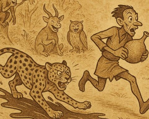 a leopard slipping on spilled palm oil while a thief escapes with a gourd, as forest animals laugh