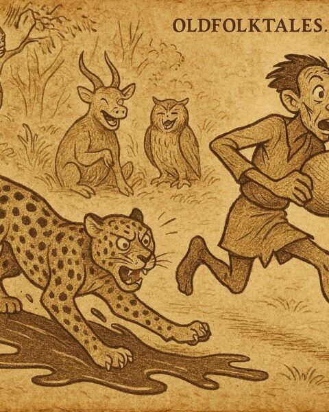 a leopard slipping on spilled palm oil while a thief escapes with a gourd, as forest animals laugh