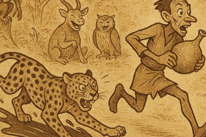 a leopard slipping on spilled palm oil while a thief escapes with a gourd, as forest animals laugh