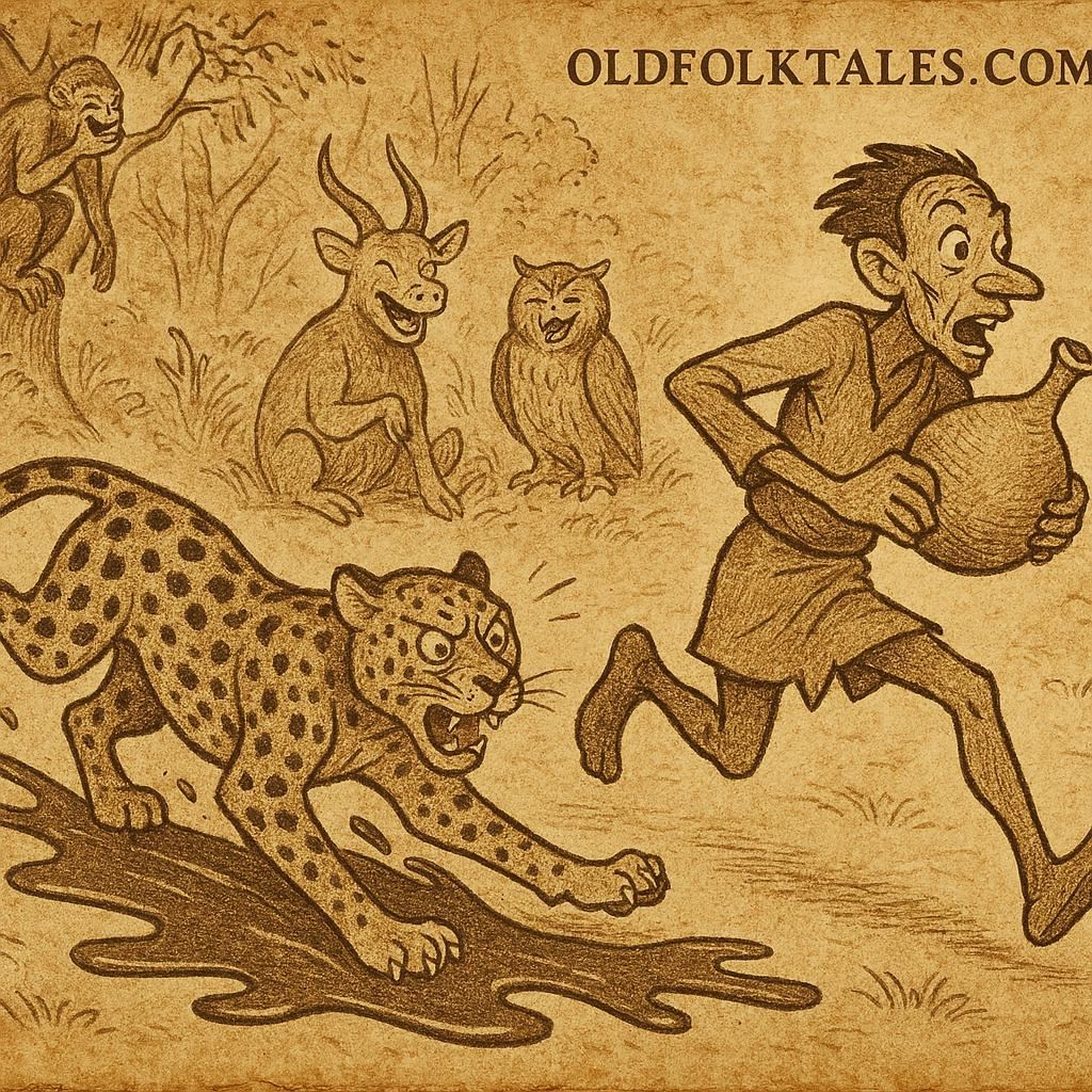 a leopard slipping on spilled palm oil while a thief escapes with a gourd, as forest animals laugh