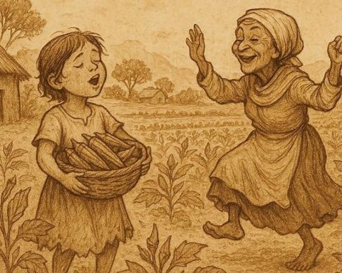 Orphan girl gathering okra while old woman dances, Mossi folktale scene.