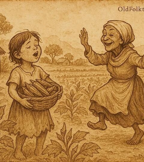 Orphan girl gathering okra while old woman dances, Mossi folktale scene.
