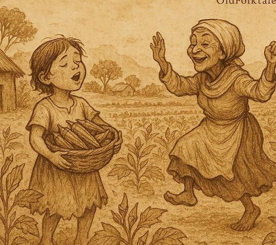 Orphan girl gathering okra while old woman dances, Mossi folktale scene.