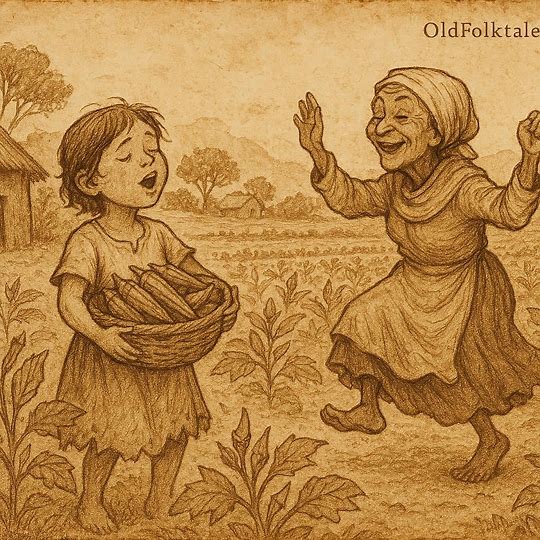 Orphan girl gathering okra while old woman dances, Mossi folktale scene.