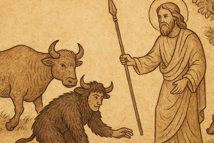 Man disguised as buffalo receives spear from God, buffalo arrives late, Anuak folktale from Ethiopia.