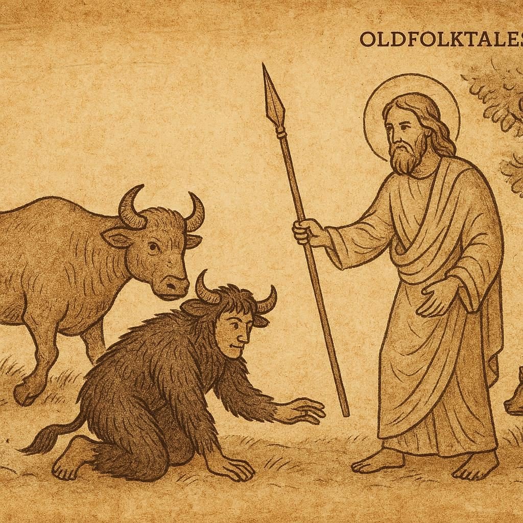 Man disguised as buffalo receives spear from God, buffalo arrives late, Anuak folktale from Ethiopia.