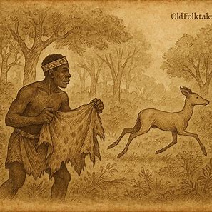 Hunter holding deer’s hide as Deer escapes, Kimbundu folktale, Angola.