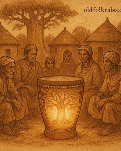 A magical drum in a Mossi village surrounded by elders and young leaders - Burkinabe folktale