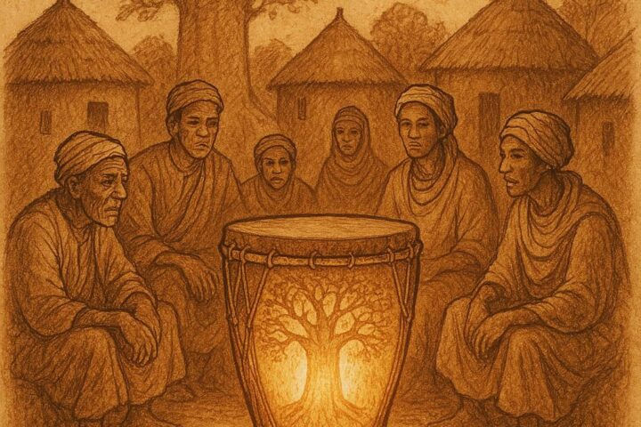 A magical drum in a Mossi village surrounded by elders and young leaders - Burkinabe folktale