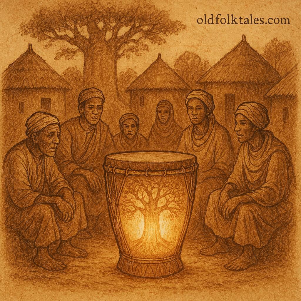 A magical drum in a Mossi village surrounded by elders and young leaders - Burkinabe folktale
