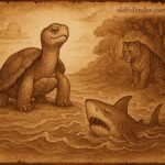 Soungoula the tortoise outsmarting the shark in the ocean and the tiger in the forest, inspired by a Seychellois folktale.