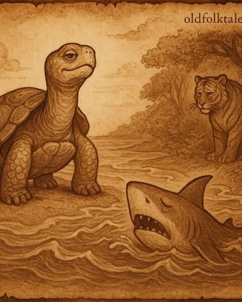 Soungoula the tortoise outsmarting the shark in the ocean and the tiger in the forest, inspired by a Seychellois folktale.