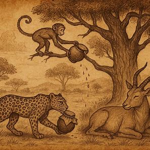 Leopard sneaks with a pot, Monkey tips it playfully, Antelope rests peacefully in Angolan folktale.