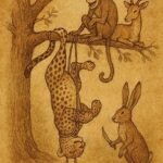 Leopard hangs tied upside down while Monkey laughs and Hare prepares to cut vines, Angola folktale.