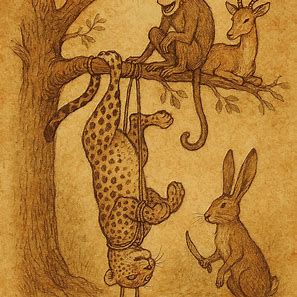 Leopard hangs tied upside down while Monkey laughs and Hare prepares to cut vines, Angola folktale.