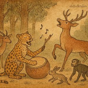 Leopard beating drum while Deer reveals truth, animals scatter, traditional Kimbundu folktale from Angola.