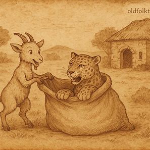 Illustration of young goat tricking leopard into sack in traditional Angolan folktale setting