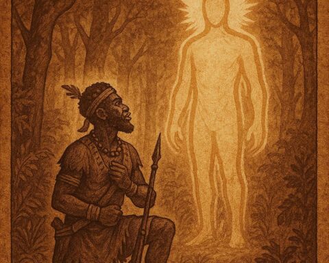 A Guinean hunter kneeling before the Spirit of the Bush in a glowing forest – Guinean folktale
