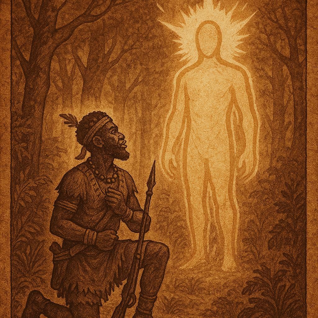 A Guinean hunter kneeling before the Spirit of the Bush in a glowing forest – Guinean folktale