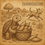 tortoise caught with a basket of stolen yams while the dog runs away, from the Nigerian folktale