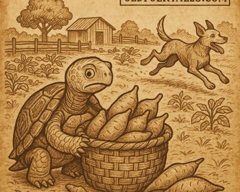 tortoise caught with a basket of stolen yams while the dog runs away, from the Nigerian folktale