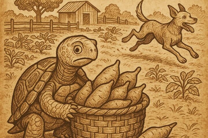 tortoise caught with a basket of stolen yams while the dog runs away, from the Nigerian folktale