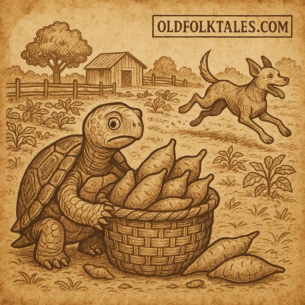 The Tortoise, the Dog and the Farmer folktale | FolktalesAfrica.com tortoise caught with a basket of stolen yams while the dog runs away, from the Nigerian folktale