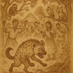 a hyena awkwardly attempting to dance among humans while forest animals watch and laugh, inspired by an Ewe folktale from southern Togo