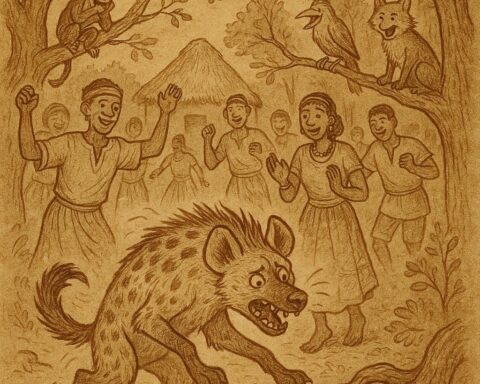 a hyena awkwardly attempting to dance among humans while forest animals watch and laugh, inspired by an Ewe folktale from southern Togo